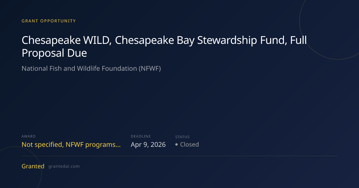 Chesapeake WILD, Chesapeake Bay Stewardship Fund, Full Proposal Due ...