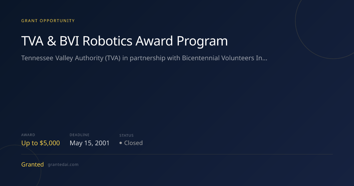 TVA & BVI Robotics Award Program (2026) | Granted AI